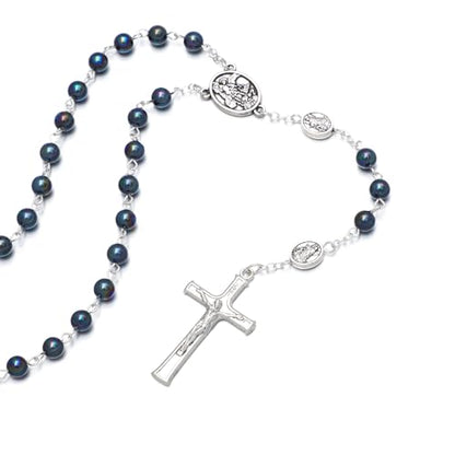 KOMI 6mm Glass Pearl Rosary Beads Catholic for Women with Metal Rosary Box Religious Gifts - style: St Michael-black