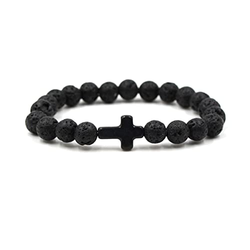FORUBUS Lava Rock Stone Beaded Bracelet, Cross Charm Natural Volcanic Stone beads Turquoise Stretch Bracelet for Women Men Religion Jewelry Pray Baptism Gift - color: 1pcs black lava