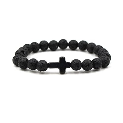 FORUBUS Lava Rock Stone Beaded Bracelet, Cross Charm Natural Volcanic Stone beads Turquoise Stretch Bracelet for Women Men Religion Jewelry Pray Baptism Gift - color: 1pcs black lava