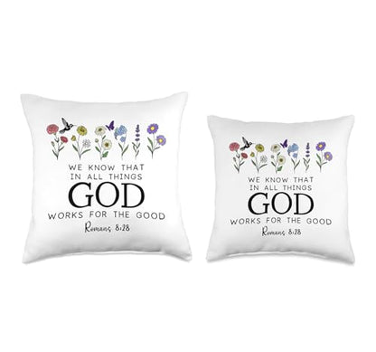Romans 8:28 Christian Bible Verse We Know God Works for Good Throw Pillow - size: 16x16