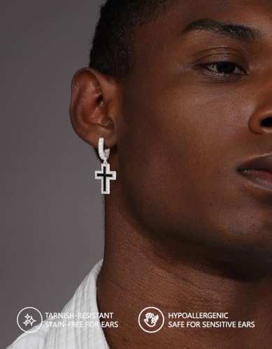 KRKC&CO Dangle Cross Earrings for Men, Sterling Silver Plated Black Drop - color: Silver-D
