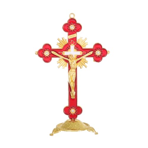 KOMI 5 Inch Catholic Metal Jesus Cross Standing, Red Enamel Crucifix for Home Decoration, Table Crucifix Religious Gift - color: red-gold
