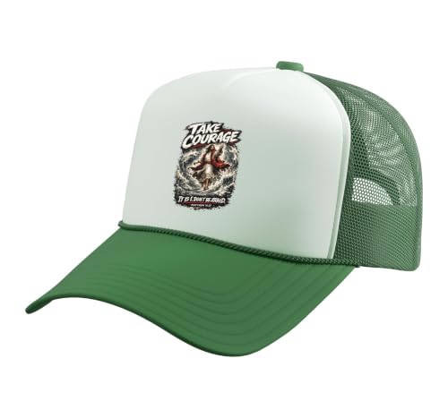 Take Courage It is I. Don't Be Afraid Bible Verse Art Trucker Hat with Adjustable Mesh Back - color: Kelly Green/White