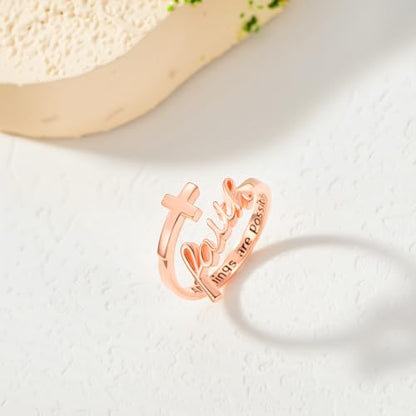 Cross Rings Faith Ring 925 Sterling Silver Adjustable Cross Wrap Ring Christian Fashion Band for Women - color: A-Rose Gold