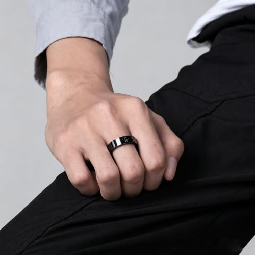 Men's Cross Ring Black/Silver Christian Wedding Band Stainless Steel - color: 6mm,black