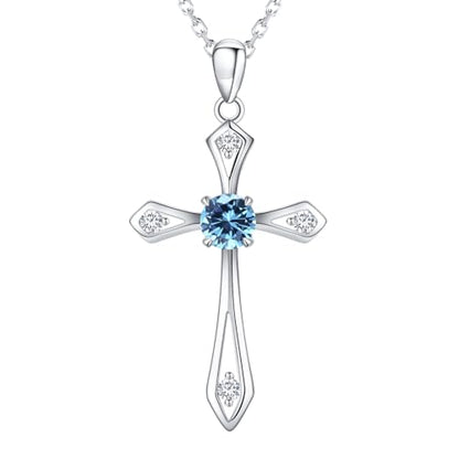 Cross Necklace for Women,925 Sterling Silver Faith Jewerly Gift - color: 12-December-Blue Topaz