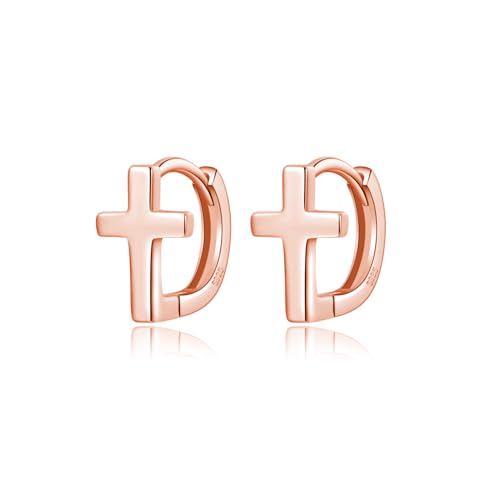 Reffeer Solid 925 Sterling Silver Cross Hoop Earrings for Women Teen Girls Small Cross Huggie Earrings Cartilage Helix - color: C-Rose Color