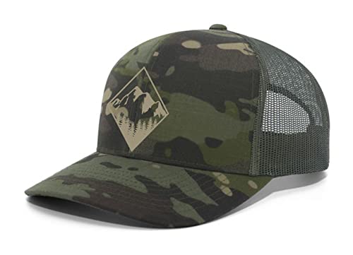 Trenz Shirt Company Men's Retro Geometric Diamond Mountain Outdoors Woodland Embroidered Mesh Back Trucker Hat - color: Tropic/Loden