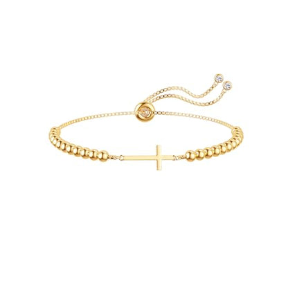 Moodear Cross Bracelet for Women, Dainty Sterling Silver/Gold Plated Gift - color: Bead Gold Cross Bracelet