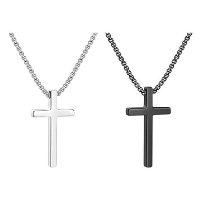 Cross Necklace for Men, Silver Black Cross Stainless Steel Pendant Necklace, Mens Necklace 18, 20, 22, 24 Inch (2Pcs)