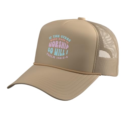Christian Faith If Stars were Made to Worship Bible Verse Trucker Hat with Adjustable Mesh Back - color: Khaki
