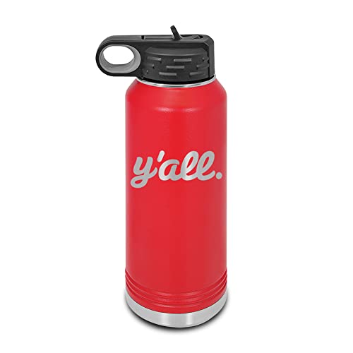 Y'all Laser Engraved Water Bottle Customizable Polar Camel Stainless Steel with Straw - southern script you all you’ll Red 32 oz - color: Red