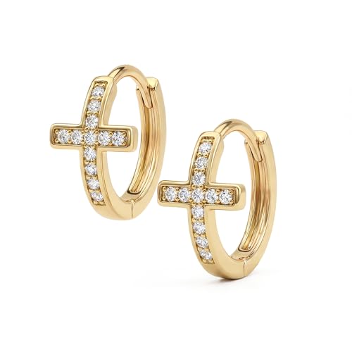 MYEARS Gold Cross Hoop Earrings for Women Trendy 14K Gold Plated Small Hoops Huggie Earrings White Cubic Zirconia Turquoise Minimalist Simple Christmas Christian Cross Jewelry Gifts - color: White