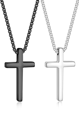 2 Pcs/3 Pcs Cross Necklace for Men, Silver Black Gold Cross Chain Stainless Steel Cross Pendant Jewelry Christian Religious Gifts for Boys Men 16-30 Inches - size: 16in, style: 2Pcs(silver+black) 1.2 "* 0.7'' pendant