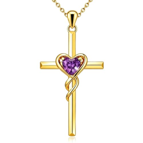 Birthstone Cross Necklace for Women 14K Gold Plated Heart Infinity Cross Pendant Necklace Christian Religious Jewelry Anniversary Birthday Gifts for Wife Mom Her - color: Feb/Amethyst