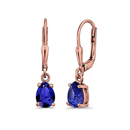 Teardrop Bridal Dangling Leverback Earrings Pear Cubic Zirconia 925 Sterling Silver - color: Rose Tone, Simulated Blue Sapphire CZ