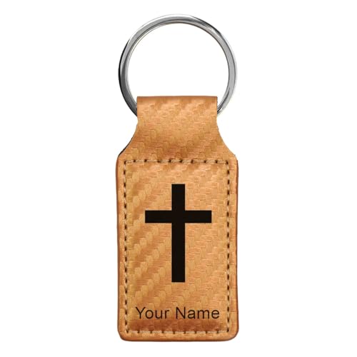 LaserGram Rectangle Keychain, Christian Cross, Personalized Engraving Included - color: Carbon Fiber Bronze