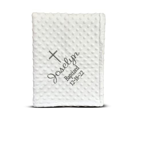 Baptism Blanket Personalized Baby Gifts – Luxurious Baptismal Gifts Textured Baby Blanket with Name, Date – Unique Christening Gifts for Girls and Boys – Soft Minky (White/Silver) - color: White/Silver