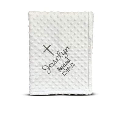 Baptism Blanket Personalized Baby Gifts – Luxurious Baptismal Gifts Textured Baby Blanket with Name, Date – Unique Christening Gifts for Girls and Boys – Soft Minky (White/Silver) - color: White/Silver