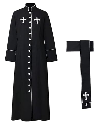 Clergy Robe Set with Cross, Full Length Button-Down, Black with White Trim, Includes Stole and Gold Cross Necklace - color: Black, size: X-Large