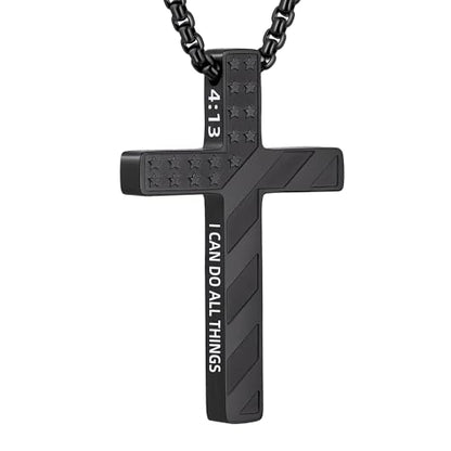 Cross Necklace for Men Black Gold Silver American Flag Pendant Chain Bible Verse Stainless Steel Necklaces Mens Stocking Stuffers for Christmas Christian Gifts - color: black, style: 4:13-