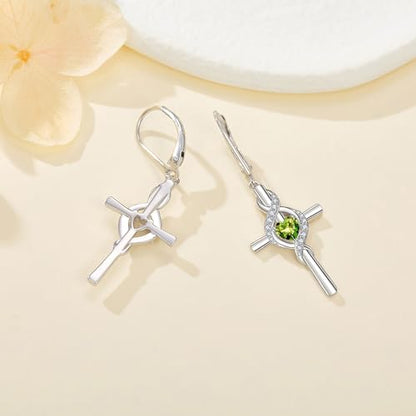ONEFINITY Cross Earrings for Women 925 Sterling Silver Cross Birthstone Dangle Drop Earrings Infinity Cross Religious Jewelry Gifts for Women - color: 08-Aug-Created Peridot