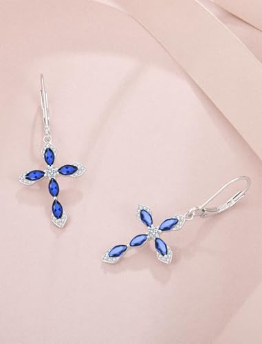 Birthstone Cross Earrings for Women 925 Sterling Silver - color: 09 September - Sapphire