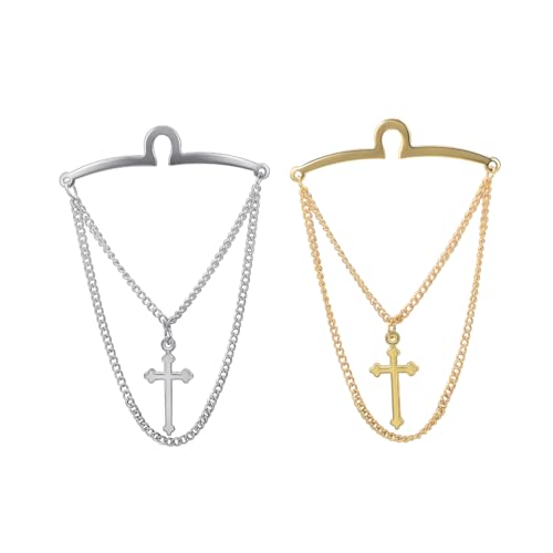 2Pcs Tie Chain for Men Classic with Double Single Gold Silver Elegant Chain Tie Cilp - color: cloud cross double chain silver