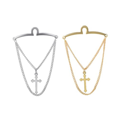 2Pcs Tie Chain for Men Classic with Double Single Gold Silver Elegant Chain Tie Cilp - color: cloud cross double chain silver
