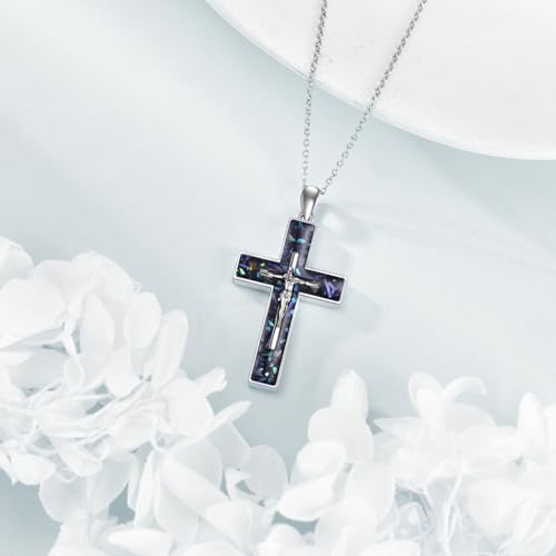 YFN Cross Necklace Sterling Silver Religious Cross Pendant Jewelry Christian Gifts for Women Men - style: A. Crucifix Abalone Shell