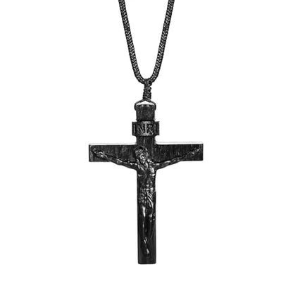Rnivida Natural Wooden Crucifix Cross Necklace for Men - Handmade Adjustable Rope Chain with Large Religious Pendant, Catholic Christian Spiritual Jewelry Gifts - color: Black
