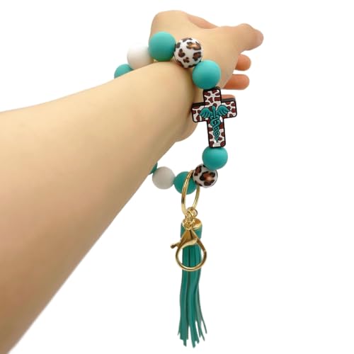 Beaded Keychain Wristlet Silicone Cross Elastic Wrist Key Ring Tassel Bangle Key Chains for Car Key Bracelet Women - color: Leopard Turquoise