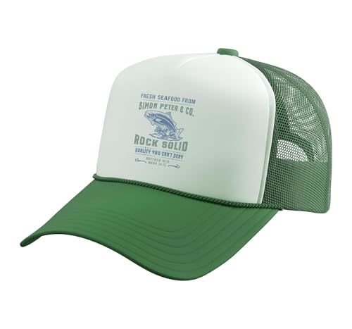 Christian Faith Jesus Simon Peter Funny Seafood Bible Verse Trucker Hat with Adjustable Mesh Back - color: Kelly Green/White