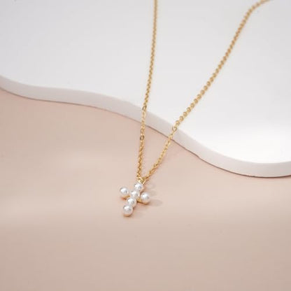 Cross Necklace for Women, Dainty 14K Gold Plated CZ Pendant - color: Gold-pearl cross