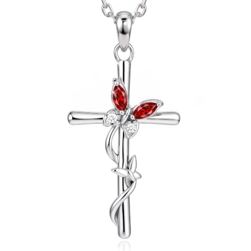 Distance Cross Necklace for Women 925 Sterling Silver Jewelry Pendant Necklace for Mom Wife Gift for Mother's Day or Birthday - style: 01-Garnet