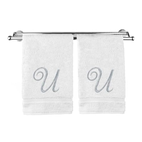 Pretty Monogrammed White Turkish Cotton Bath Hand Towel Set of 2 with Embroidered Silver Script U | 16"x 30" Soft Terry Finish Extra Absorbent Quick Dry Plush Luxury Bathroom Kitchen Spa Bath Towel
