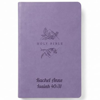Printualist Personalized NLT Thinline Bible, Custom Engraved Name and Scripture Reference, New Living Translation Text, Botanical Faux Leather Christian Gift for Devotion and Church, Lavender - color: Lavender