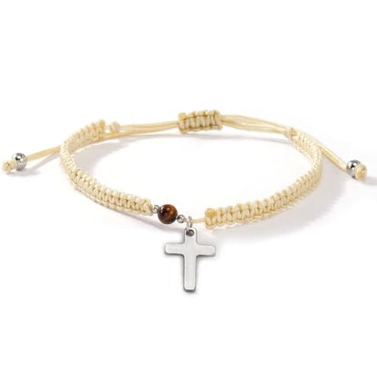 Christian Gifts for Women Men,Adjustable Religious Cross Brided String Faith Bracelet,Minimalism Catholic Baptism Accessories Jewelry Gifts Friendship - color: Beige