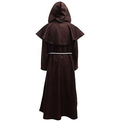 BLESSUME Friar Hooded Robe Monk Renaissance Priest Halloween Medieval Role Play Costume - color: Brown Cowl Hat+robe+ Waist Rope+necklace, size: Small