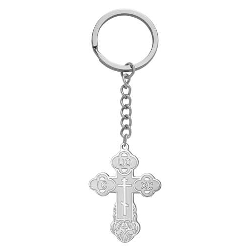 TEAMER Cross Keychain Russian Orthodox Crucifix Eastern Church Keychain Religious Christian Prayer Jewelry for Men Women - color: Silver