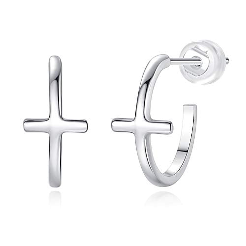 Me&Hz Gold Huggie Earrings Small Huggie Hoop Earrings for Women 14K Gold Plated Hypoallergenic Cubic Zirconia Huggies Mini Silver Hoop Earring for Women - color: Cross,Silver