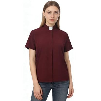 BPURB Women's Clergy Tab Collar Shirt Ministry Blouse - color: Burgundy, size: Small