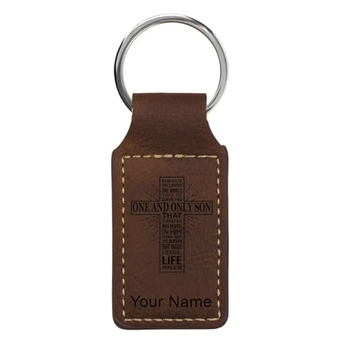 LaserGram Rectangle Keychain, Bible Verse John 3-16, Personalized Engraving Included - color: Chocolate Brown