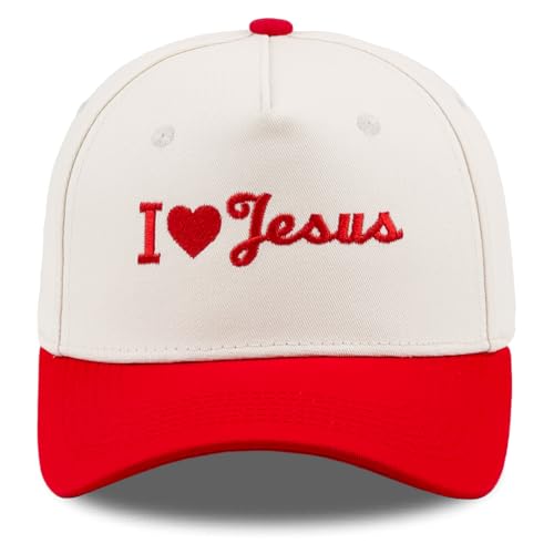 Embroidered Christian Two-Tone Baseball Cap for Men & Women, Adjustable Dad Hat Christmas Easter Gift - color: I Love Jesus Heart, Red/Beige