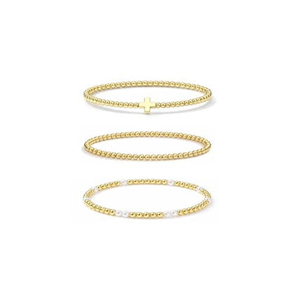 Gold Bracelets for Women Jewelry - Easter Basket Stuffers, Cross/Pearl/Beaded Bracelets Set, Dainty 14K Gold Plated Beaded Bracelets Stack, Birthday Easter Gifts for Women - color: 1Cross+1Bead+1Pearl