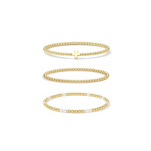 Gold Bracelets for Women Jewelry - Easter Basket Stuffers, Cross/Pearl/Beaded Bracelets Set, Dainty 14K Gold Plated Beaded Bracelets Stack, Birthday Easter Gifts for Women - color: 1Cross+1Bead+1Pearl