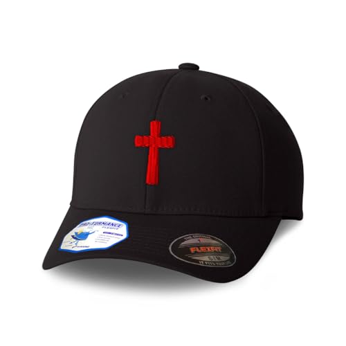 Flexfit Cap for Men & Women Embroidered Cone Cross Red Jesus Faith Christ God Flexfit Hats Baseball Caps - color: Black Design Only, size: Small-Medium