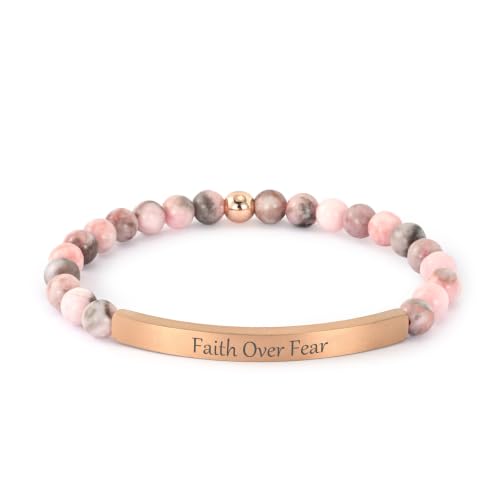 Inspirational Bracelets for Women,18K Gold Plated Christian Bible Verse Faith Jewelry, Religious Jesus Prayer Gift for Mom, Sister, Friend - color: FAITH OVER FEAR-Pink Zebra Jasper-Rose Gold