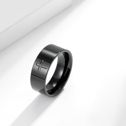Men's Cross Ring Black/Silver Christian Wedding Band Stainless Steel - color: 8mm,black