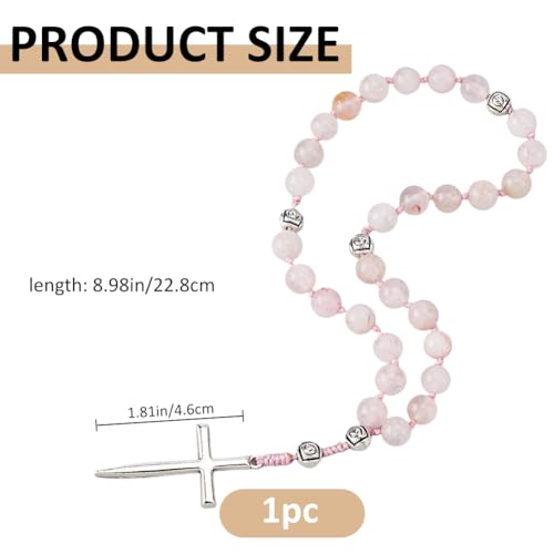 SUPERFINDINGS Prayer Beads Rose Quartz Prayer Rosary Pink Natural Stone Rosary Beads with Cross 8mm Bead Anglican Rosaries for Catholic Christian Confirmation Gifts, Length:22.8cm/9in